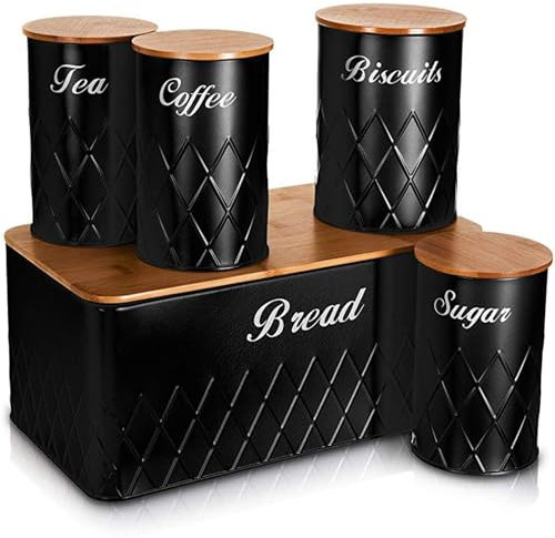 NTEK 5pc Kitchen Storage Bamboo Lid Set Includes Tea, Coffee, Sugar, Bread and Biscuit Barrel Canister Jar & Stylish Bread Bin - Diamond Embossed Design Matt Finish (BLACK)