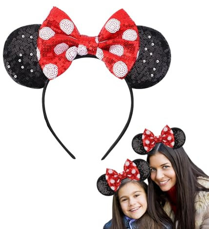 Maus Ohren Stirnbänder Weißen Punkten,Pailletten Klassisch Rot Tupfen Schleifen-Stirnbänder Glitter Party Prinzessin Dekoration Cosplay Kostüm