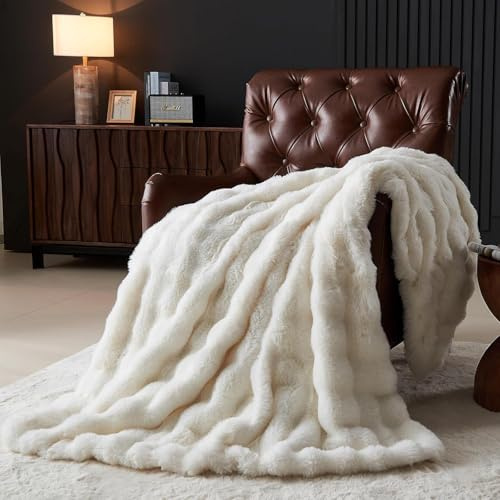 Wajade Lyxigt fluffigt kaninpälsöverkast, supermjuk fuskpäls, varm fluffig stor filt för säng, soffa, bil, mysig, vit, 127 x 153 cm
