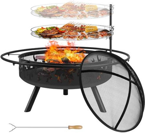 Kalolary Brasero de Jardin avec Grillage, Φ91 cm 2 en 1 Cheminée de Jardin avec Protection Anti-étincelles et Tisonnier pour Le Chauffage, la Terrasse, Le feu de Camp et Le Camping