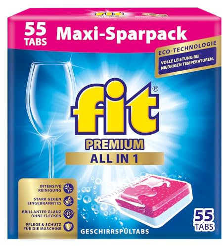 fit All-in-1 Premium Tabs 55 Stück - Geschirrspül-Multi-Tabs für Spülmaschinen - mit Schnelllöseformel für Sauberkeit, Glanz
