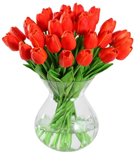 JUSTOYOU Lot de 20 tulipes artificielles en latex au toucher réaliste - Bouquet de mariage pour mariage, maison, jardin (orange vif, 20 pièces)