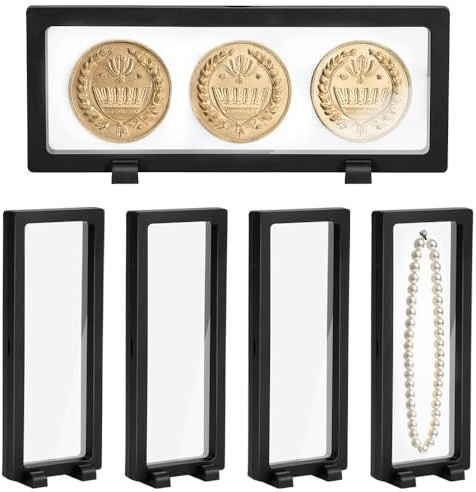 Juego De 5 Expositor De Monedas, Transparentes flotantes 3D con Soporte para 10 Unidades, Marco Negro para Monedas Antiguas de desafío AA, Joyas, Conchas, fósiles (230 x 90 x 20 mm)