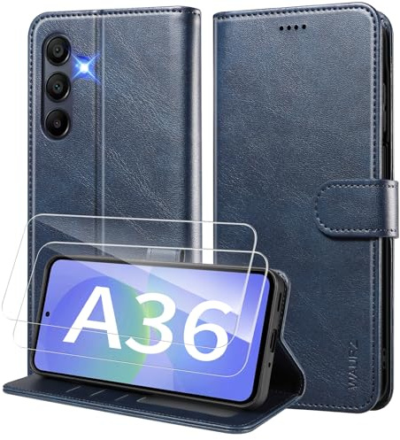 WAURZ Cover per Samsung Galaxy A36 5G Custodia Cover Pelle Libro con 2 Pellicola Vetro Temperato Protezione Schermo Portafoglio Porta Carte Antiurto Cuoio Flip Case Custodia Cover,Blu