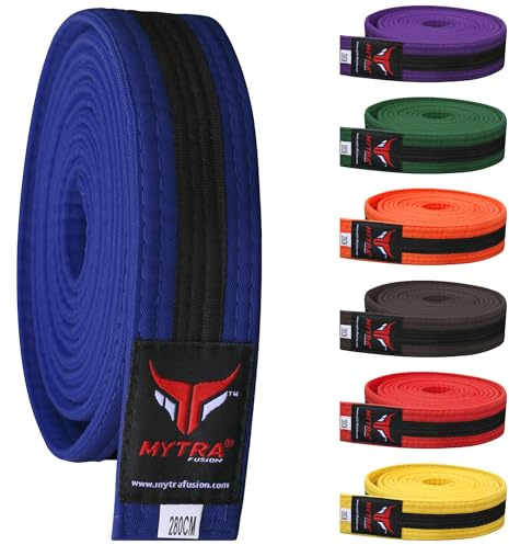 Mytra Fusion Ceinture karaté légère et Durable Plusieurs Couleurs, Ceinture Arts Martiaux, Ceinture Taekwondo et Ceinture Karate pour Hommes et Femmes (Blue/Black, 240-CM)