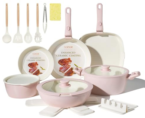 COICUR Set de Poêles et Casseroles 23 pièces Poignée amovible non toxique, sans PFOA, compatible avec induction/gaz, empilable, lavable au lave-vaisselle, Rose