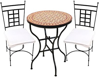 Bistro Albaicín - Juego de 3 mesas de mosaico mediterráneas con 2 sillas, color beige burdeos, 60 cm, diseño de mosaico marroquí de hierro forjado