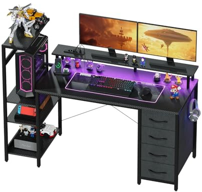 YOUDENOVA Gaming Schreibtisch 130 * 50cm,Gaming Tisch mit LED-Beleuchtung & Steckdose,Computertisch mit Schubladen,Carbon Fiber Schwarz