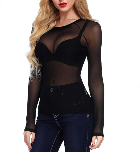 Srumvoat Women's Mesh Top, Sexy Black Mesh Top with Long Sleeve, Slim Fit Lace Sheer Top for Women, High Neck Transparent Blouse Shirt, Ideal for Party Clubwear Nightwear