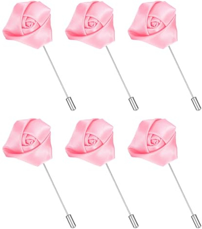 QUARKZMAN 6 stycken rosor kavajnål för män satin blommor kavajnålar silkesbroscher för brudgum affärer bröllop kostym outfit tillbehör rosa