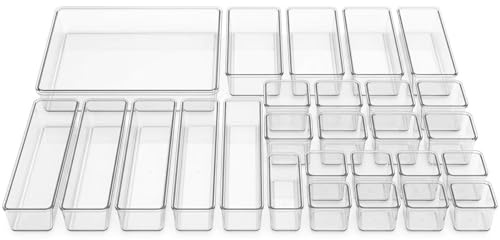 Genérico Organizador de Cajones 25 Piezas - Set de Organizadores Transparentes para Cocina, Baño y Maquillaje - Cajas Apilables de Plástico Resistente Antideslizante