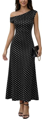 Fengbay Polka Dot Dress for Women One Shoulder Slim Fit Long Dresses Black