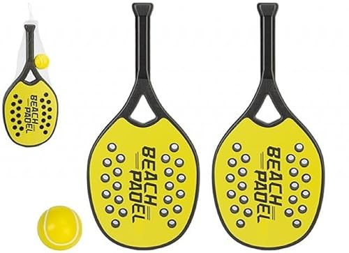 Beach Paddle Tennis Set for 2 Players, 2 x 48cm Yellow & Black Perforated Rackets with 6cm Ball, Lightweight Outdoor Garden Beach Park Holiday Bat and Ball Game for Children Teens Adults