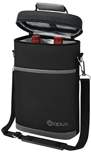 OPUX 2 Bottle Wine Carrier Tote, Insulated Leakproof Wine Cooler Bag, Wine Travel Bag Tote for Picnic BYOB Beach, Portable Wine Bottle Carrying Case, Gift for Wine Lover Women Men Christmas, Dark Grey