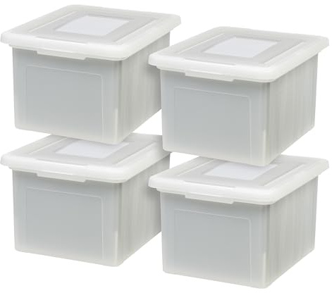 IRIS USA File Box, Plastic File Organizer with Lids for Letter/Legal File, Portable Document Box For Moving, Storage Bin with Durable and Secure Lid, Stackable Nestable BPA-Free, Pearl 35 Qt. 4 Pack
