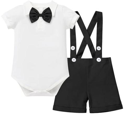 Newborn Baby Boys 3Pcs Christening Outfit Gentleman Bowtie Shirt Romper Suspenders Strap Shorts Pants Formal Kids Party Wedding Outfit Tuxedo Baptism Clothing Sets Photo Shoot Black 0-6 Months