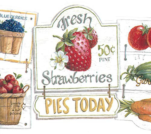 Dundee Deco BD6224 Frise de Papier Peint, Frise Murale, Bordure de papier peint précollé Vert campagne, fruits beiges, panneaux de magasin de légumes, festonnée Motif rétro 4,57 m x 22,86 cm