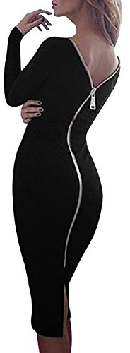 YMING Femme Moulante Dos Nu Robe Zippée Robe de Cocktail Manches Longues Robe Noir L/FR 40