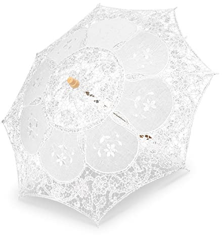 Hochzeitsschirm, Spitzenschirm Brautschirm Prinzessin Spitze Schirm Battenburg Spitze Deko Sonnenschirm Accessoire Falten für Hochzeitsfeiern Fotografie Kostüme Cosplay Dekoration,L-Weiß