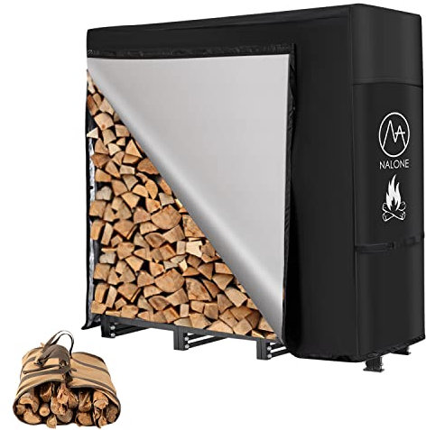 NALONE Kaminholzregal Aussen mit Wasserdichter Abdeckung und Tragetasche,Brennholzregal Metall 120 x 116.8 x 35.1 cm für holzlager holzstapelhilfe aussen 4FT (Schwarz, 4FT)