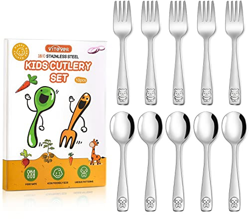VITEVER 10-Piece Toddler Utensils, Kids Stainless Steel Silverware Set, Children Safe Forks and Spoons - Mirror Polished, Dishwasher Safe