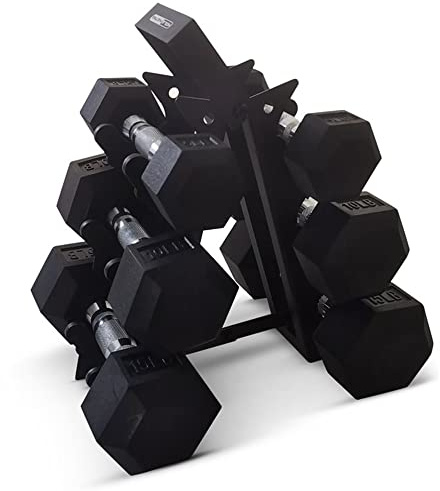 HolaHatha Hexagonal Rubber Dumbbell Weights Set with Rack, Home Gym Equipment, 60 Lbs, Black - Portable Weighted Exercise Dumbbells for Fitness, Training, and Lifting Workouts