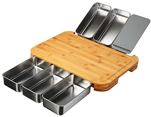WELTRXE Schneidebrett Holz mit 5 Edelstahlbehälter, 42 x 31 x 3,7 cm Bambus Schneidebrett Set XXL Groß mit 1 Handyhalterung,Küchenutensilien Küchenhelfer Schneidebretter