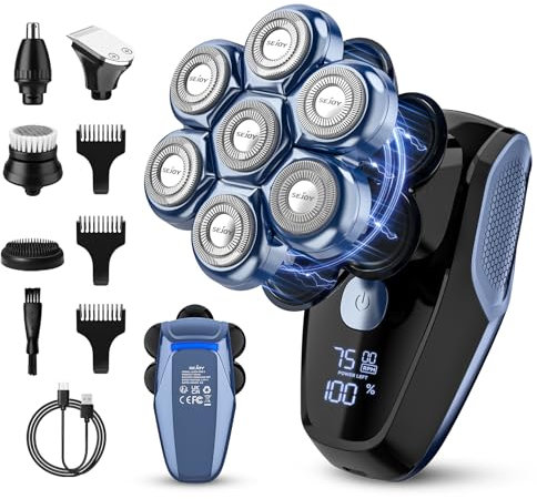 Glatzen Rasierer Herren elektrisch, 7D Schädel Rasierer 3-Gang elektrischer Rasierer, IPX7 wasserdichte nasse und trockene Herren Grooming Kit, LED-Anzeige Rotary Rasierer Trimmer, USB Aufladung
