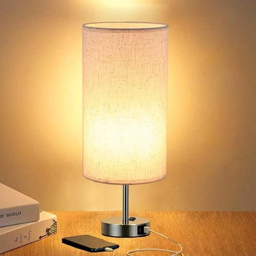 Dimbar touch-bord för sovrum nattduksbord 3-vägs bord USB-laddningsportar liten lampa träbas rund lintyg skugga kontor skrivbord LED-lampa ingår ej (vit skärm svart bas touch)