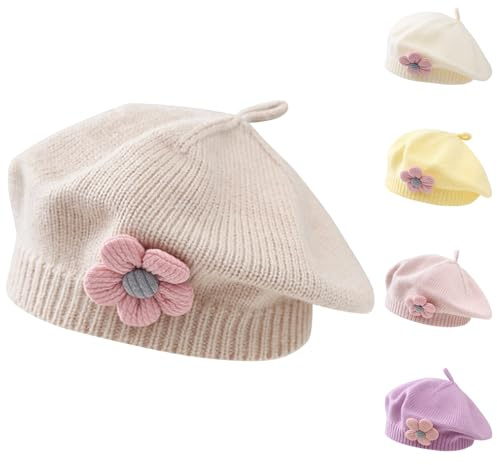 Pequeñas niñas Sombrero de Boina de Invierno cálido Beanie Cap Toddler Estilo francés Gorro de Punto del bebé Lindo Boinas de Flores (Beige)