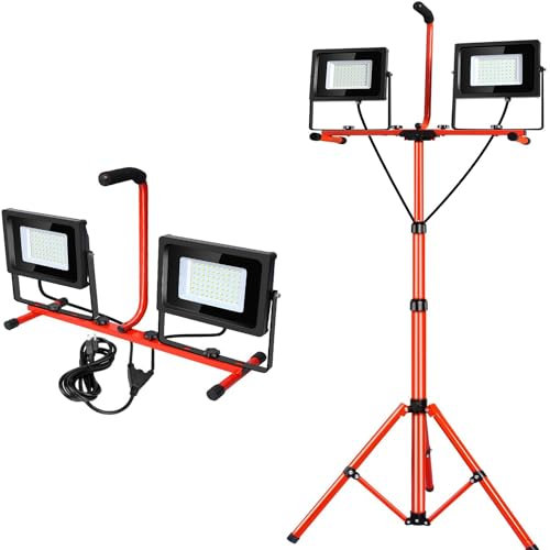 ledmo LED Baustrahler mit Stativ 2x100W Arbeitsstrahler mit Stecker 20000 Lumen LED Arbeitsleuchte mit Stativ 5000K HöHenverstellbar LED Strahler