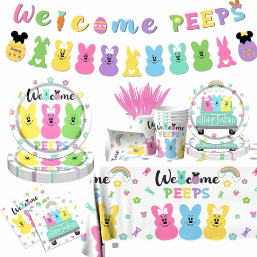 Welcome Bunny Tableware, 142pcs Mouse Happy Easter Party Decoration, Bunny Party Plates and Napkins Supplies for Mouse Theme Supplies