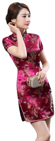 Chinese Style Dress Improves Cheongsam Temperament, Retro Long Silk Printed Daily Banquet Women's Performance Clothing (Purple,Medium)
