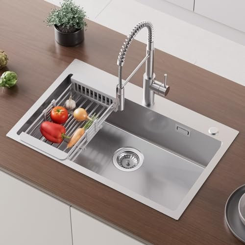 CECIPA 70×45CM Évier Cuisine 1 Bac avec Panier d'Égouttage Rétractable, Grand Inox à Poser pour Meuble de 70cm et Plus, Gaufré Argent avec Siphon, Trop-Plein et Égouttoir