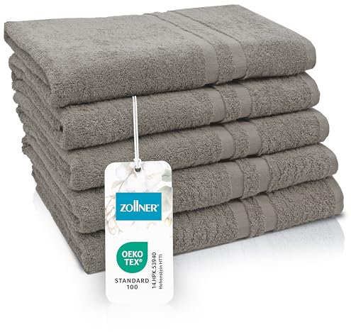 ZOLLNER 5er Set Duschtücher in 70x140 cm - Flauschige Badehandtücher aus Baumwolle - mit moderner Streifenbordüre - bis 60°C waschbar - mit praktischem Aufhänger - in Fango - Hotelqualität