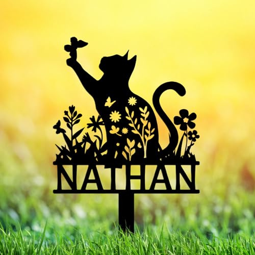 GRJIRAC Personalized Flowers Cat Memorial Grave Marker Outdoor, Custom Name Pet Grave Marker Metal Cat Memorial Stake, Customized Cat Grave Marker for Grave, Cat Memorial Statue Cemetery Marker
