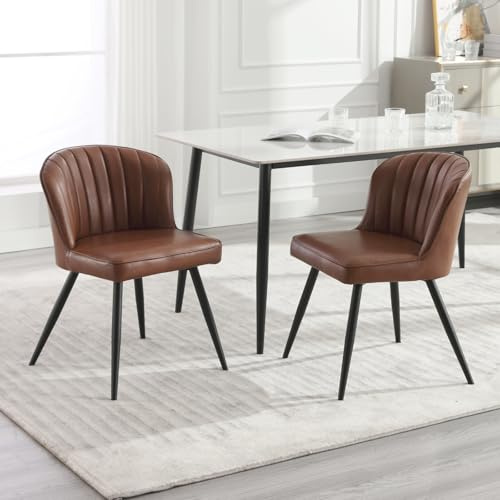 chairus Modern PU Leather Dining Chairs 2ps with Quilted Backrest, Brown | Luxury-chic Style, Curved Backrest, Soft PU Leather Upholstery, Gold-plated Legs, for Dining Room/Kitchen/Restaurant