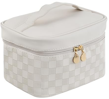 Große Kosmetiktasche Damen aus PU-Leder – Wasserfeste Schminktasche mit Bürstenfach, Reise-Kulturbeutel für Frauen in Schwarz, Weiß