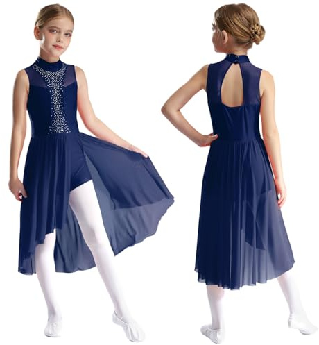 renvena Kids Girls Sleeveless Ballet Lyrical Dance Costume Sparkly Figure Skating Dress High-Low Skirt Leotard Navy Blue 13-14 Years