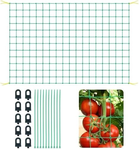 VINEST Växtstöd, gurkor, nät, 1,8 x 2,7 m, gurka, växtstöd, vindbeständigt, rannnät med stor maskstorlek, växtnät med 25 växthusklämmor, 70 växtbindemedel, 1 par handskar, för inomhus- och utomhusbruk