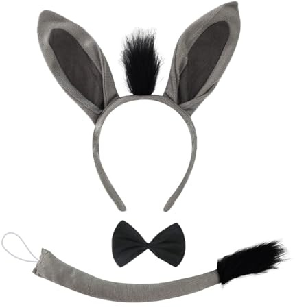 ATSNOSH 3 Piezas Set de Accesorios Disfraz de Burro, Conjunto de Disfraz de Animal, Orejas de Burro Cola de Burro, Kit de Accesorios de Animal para Niños, para Halloween Carnaval (Gris)