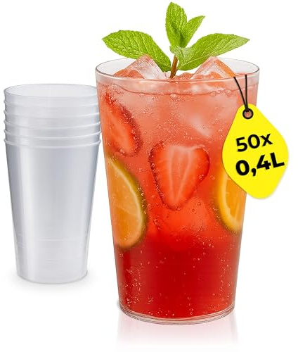 Silverkitchen 50 x plastmuggar 0,4 l återanvändbara – stapelbar, diskmaskinssäker, återanvändbar kopp med kalibrering, BPA-fri, tunn och robust – tillverkad i Tyskland