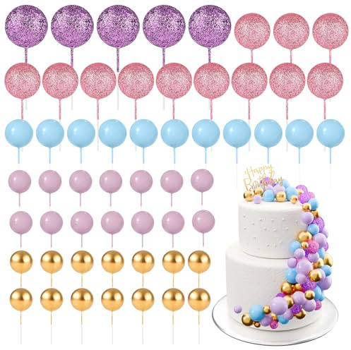 BOUBONI 60Pcs Glitter Cake Balls Decorations Foam Cake Topper Balls Mini Balloon Cupcake Toppers for Cake Decorating Birthday Baby Shower Party (Glitter Purple Pink Blue)