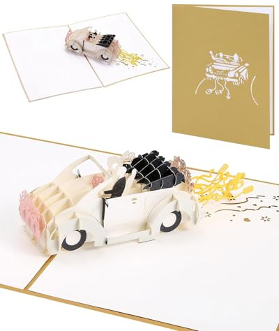 TPZORJX Tarjeta desplegable de coche de boda, Tarjeta de boda 3D con coche Just Married, elegante tarjeta de felicitación para boda y matrimonio, regalo de dinero para viajes de boda