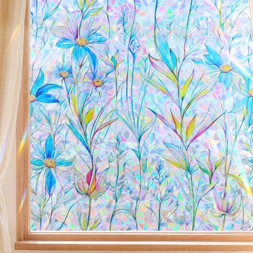 FINNEZ Window Privacy Film Stain Glass Film Flowers Rainbow Window Film Window Clings Non-Adhesive Reusable Decorative for Home（Blue Lotus，17.5 Inch x 6.5 Feet）