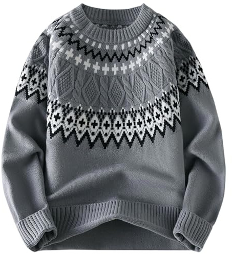 Jersey noruego para hombre con patrón jacquard - Jersey de punto clásico con cuello redondo | Jersey cálido de invierno para otoño y ocio, Estilo B02 Gris, XL