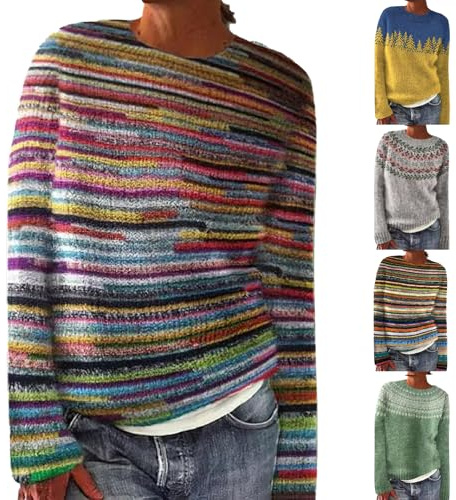 Fairisle-Pullover für Damen, lockerer Strickpullover, modischer Rundhalsausschnitt, eleganter Pullover, bequem, klassisch, isländisch, bedruckt, lässig, lockere Tunika, Blusen, langärmelig, nordischer