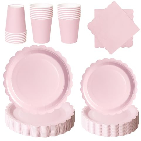 PYAILI 96 Piezas Rosa Morandi Vajilla Fiesta Cumpleaños, Platos y Vaso Cumpleaños Infantil, Set de Party Decoración Platos Servilletas para Navidad, Barbacoas, Fiestas -24 Invitado