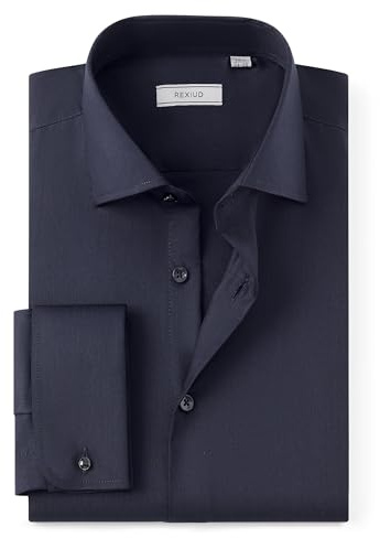REXIUD Men’s Stretch Dress Shirt – Windsor Collar French Cuffs Formal Long Sleeve Shirt with Removable Collar Stays, Solid Color