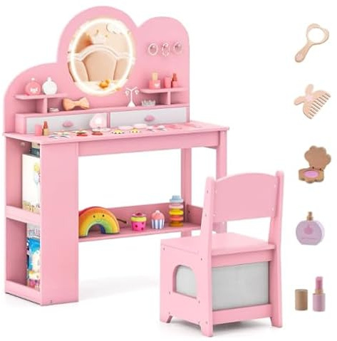 COSTWAY Toeletta per Bambini con Luci, Set Tavolo da Trucco Principessa e Sedia con 2 Cassetti e Libreria a 2 Ripiani, 3 Ganci e 2 Mensole Aperte per Bambini da 3+ Anni (Rosa)
